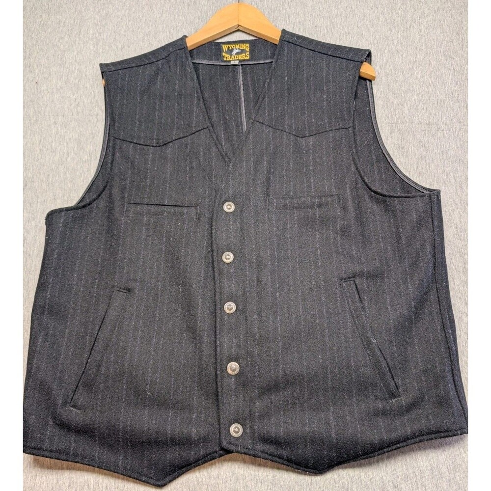 Wyoming Traders Virgin Wool Vest Men Large Blk Pinstripe Snap Western Cowboy VTG